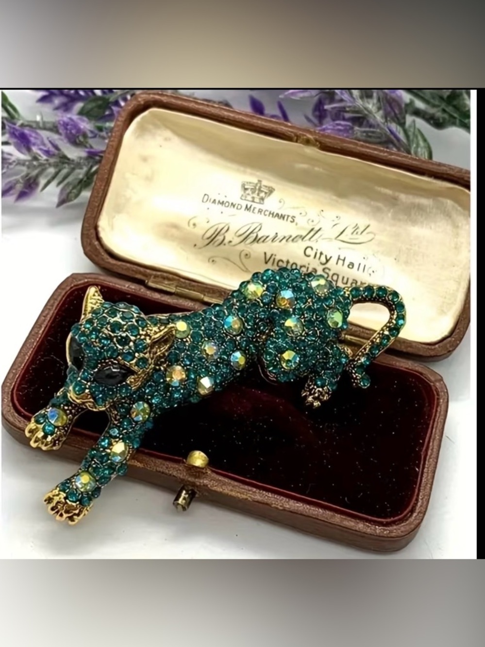 Teal Crystal Panther Brooch - Gold Tone-Box not Included